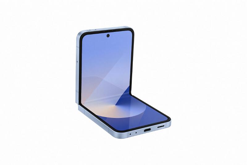 Samsung Galaxy Z Flip6 Blue EU, partly folded three-quarter view