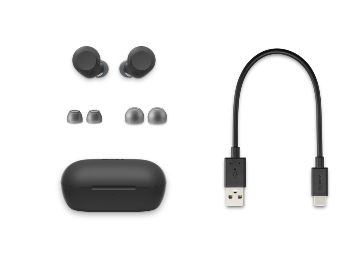 Sony WF-C710N Black earbuds, charging case, ear tips and USB cable