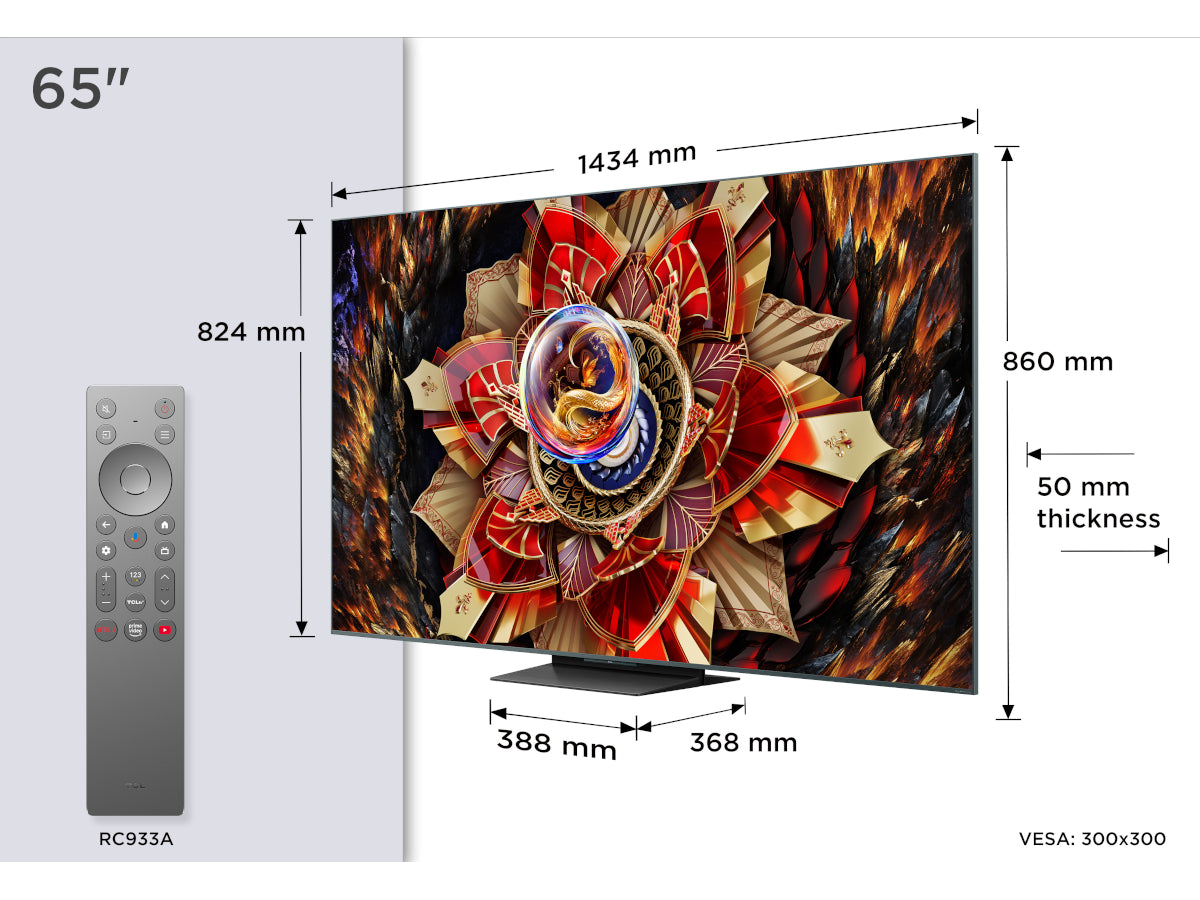 TCL 65C9K 65-inch dimensions and RC933A remote