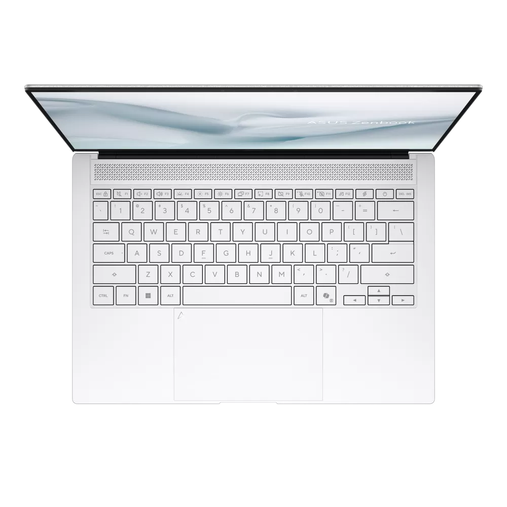 ASUS Zenbook S14 UX5406AA Scandinavian White, keyboard and display top view