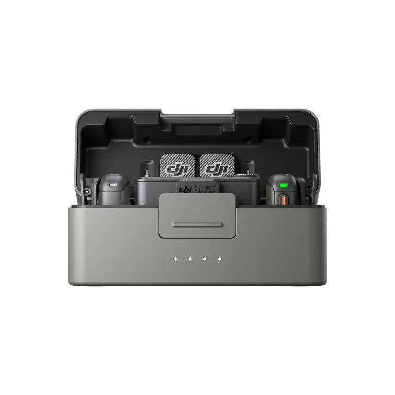 DJI Mic 3 (2 TX + 1 RX + Charging Case) — Charging case open with two transmitters and receiver