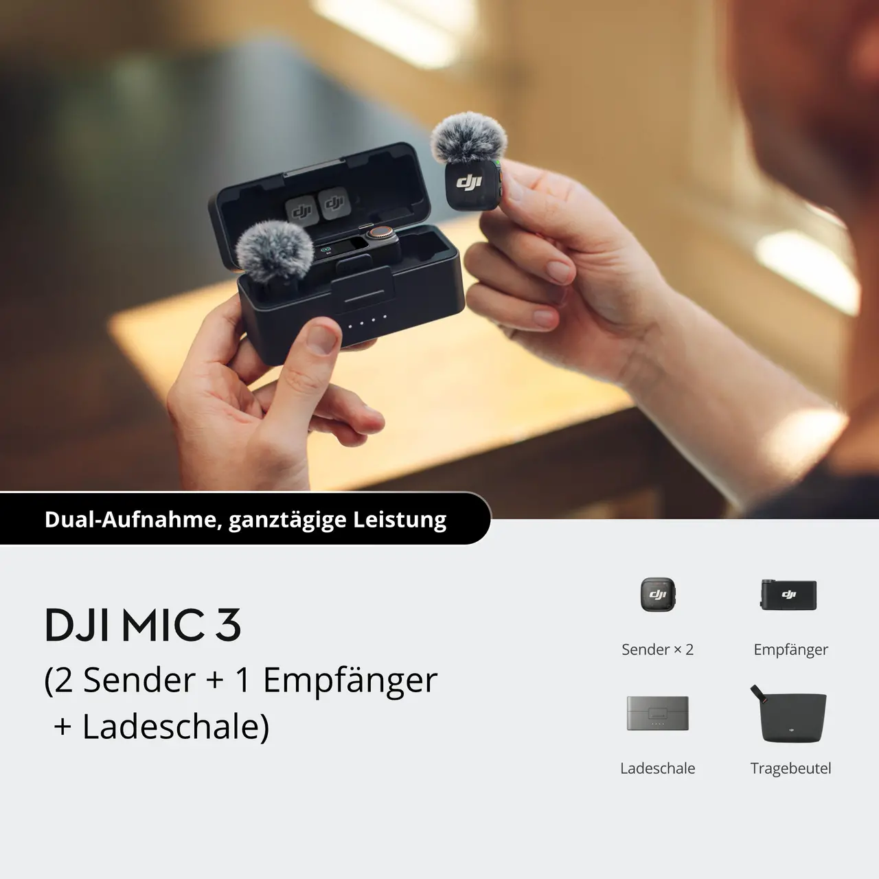 DJI Mic 3 (2 TX + 1 RX + Charging Case) — Official two-transmitter kit overview