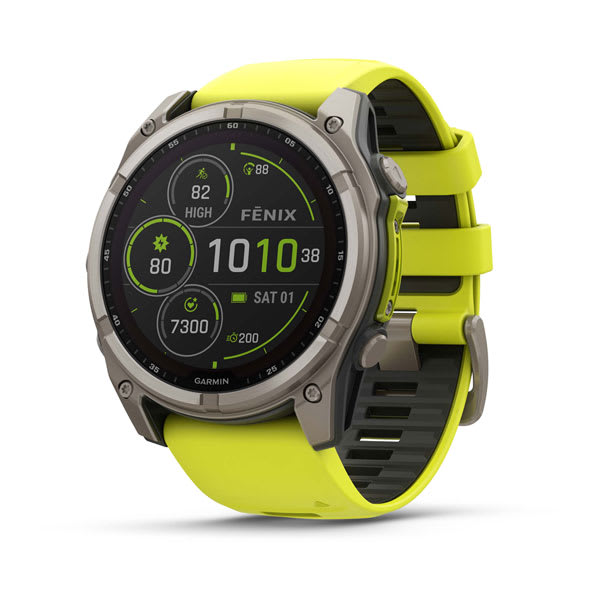 Garmin fēnix 8 Solar Sapphire 51mm (Titanium, Amp Yellow/Graphite) — Angled product view