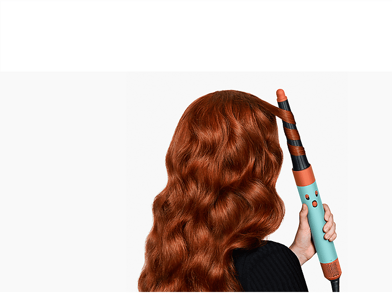 Dyson Airwrap i.d. Ceramic Patina/Topaz styling long curls, rear view