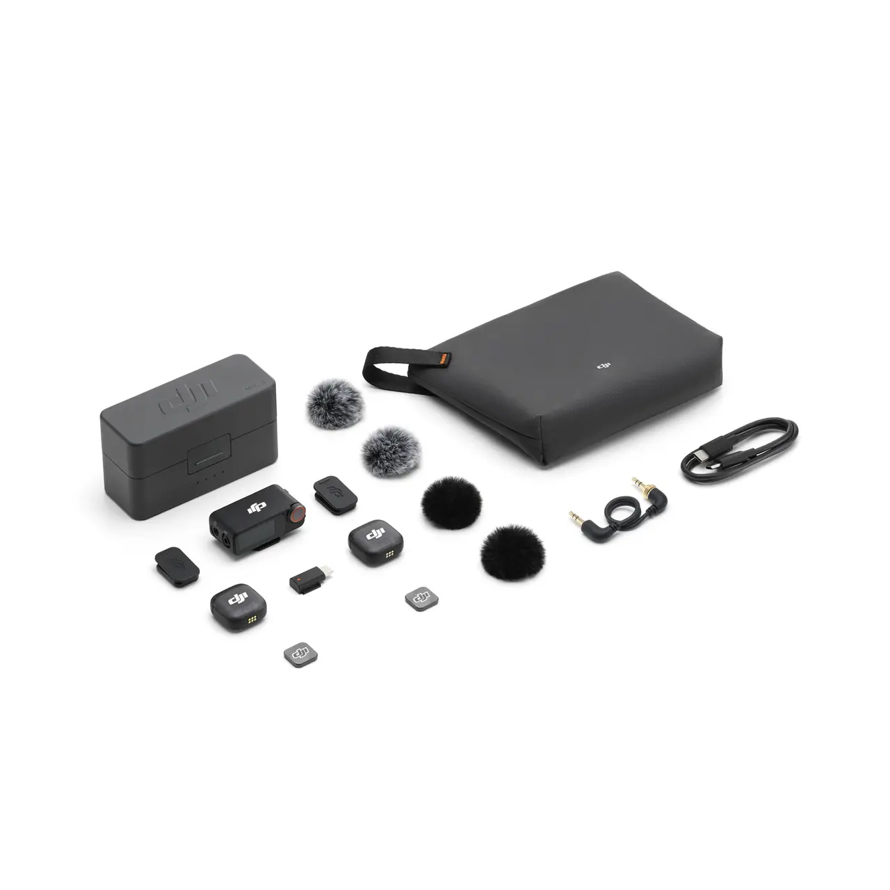 DJI Mic 3 (2 TX + 1 RX + Charging Case) — Complete two-transmitter kit and accessories