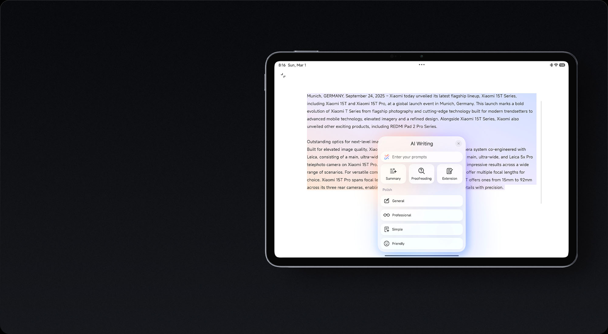 Xiaomi Pad 8 (8GB/256GB, Gray, EU) — Landscape display with a document editing demonstration