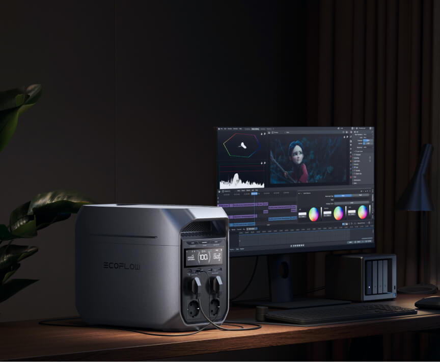 EcoFlow DELTA 3 EU — power station beside a desktop workstation