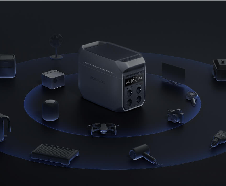 EcoFlow DELTA 3 EU — power station on a table with connected devices