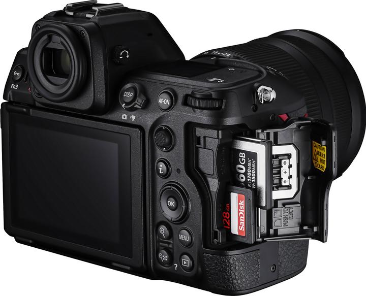 Nikon Z8 Mirrorless Camera (Black, Body Only) — Card slots; optional lens and cards shown, not included