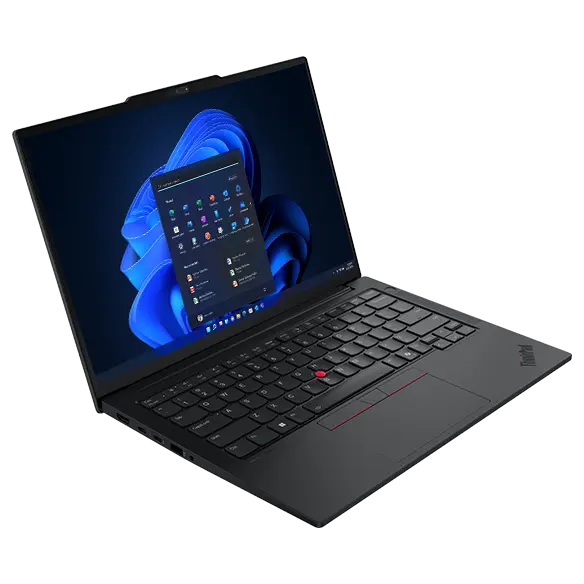 Lenovo ThinkPad E14 Gen 7 in Eclipse Black, open front view from the left