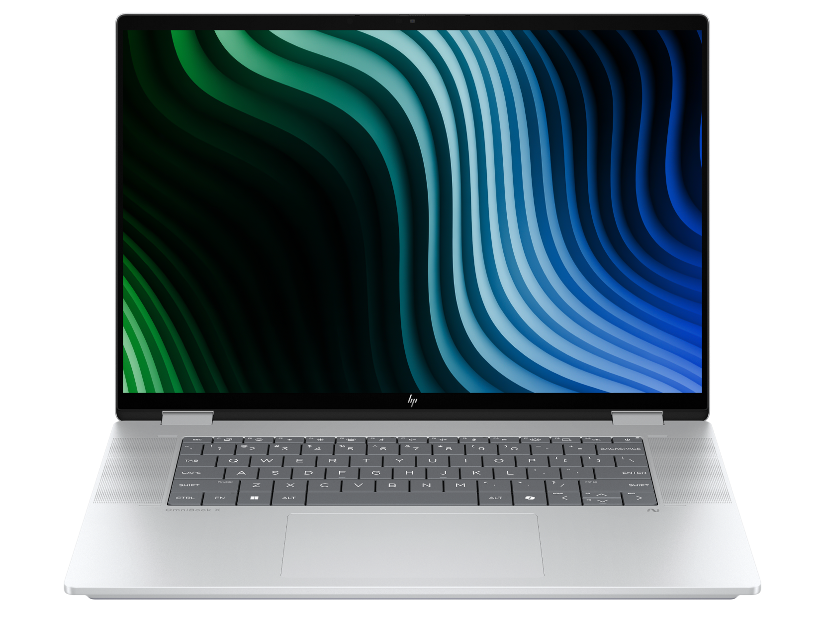 HP OmniBook X Flip 16-as0773ng Glacier Silver, front keyboard and touch display