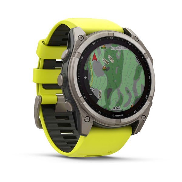 Garmin fēnix 8 Solar Sapphire 51mm (Titanium, Amp Yellow/Graphite) — Opposite angled view