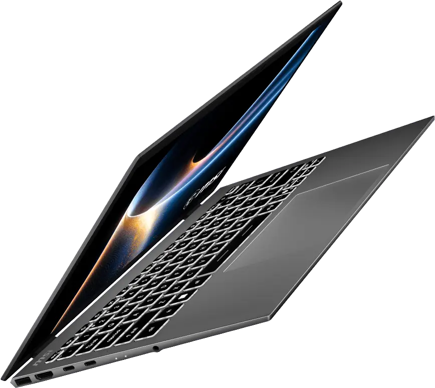 MSI Prestige 13 AI+ A3MG-020 Platinum Grey, low angle view of display and keyboard