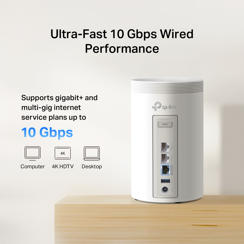 TP-Link Deco BE68 Wi-Fi 7 Mesh System (2-Pack, White) — 10Gbps Ethernet illustration