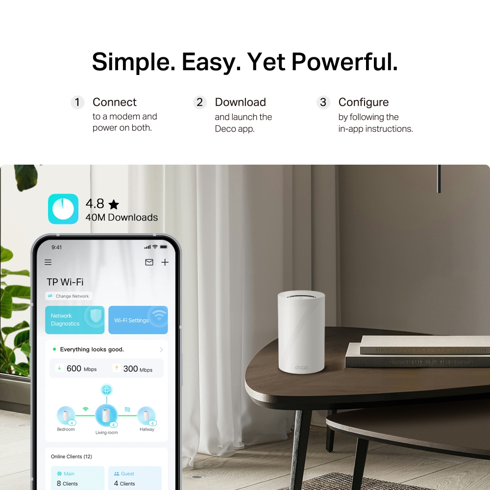 TP-Link Deco BE68 Wi-Fi 7 Mesh System (2-Pack, White) — app setup illustration