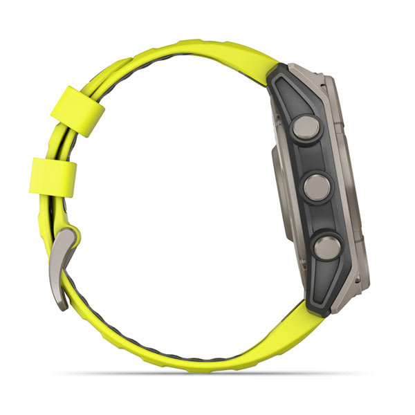 Garmin fēnix 8 Solar Sapphire 51mm (Titanium, Amp Yellow/Graphite) — Side profile