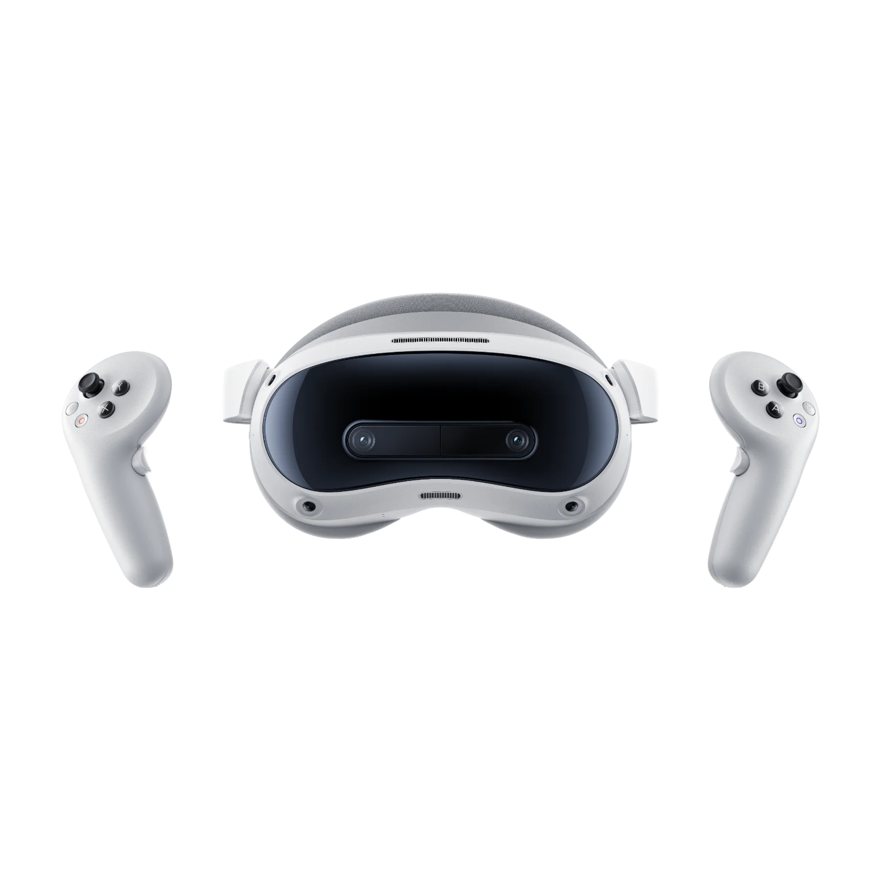 PICO 4 Ultra 256GB Mixed Reality Headset (White) — Front view with upright controllers