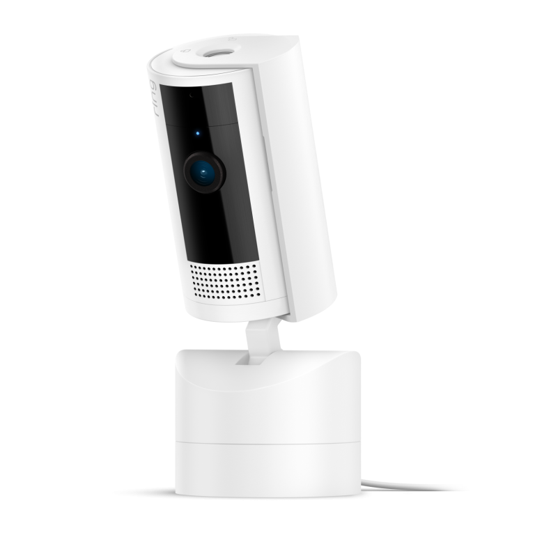 Ring Pan-Tilt Indoor Camera (White) — Front three-quarter view
