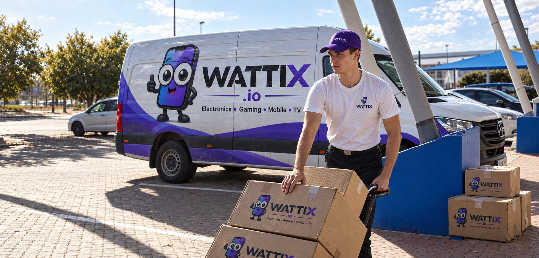 WATTIX courier with a branded delivery van and parcels