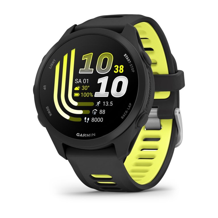 Garmin Forerunner 170 black and Amp Yellow front three-quarter view