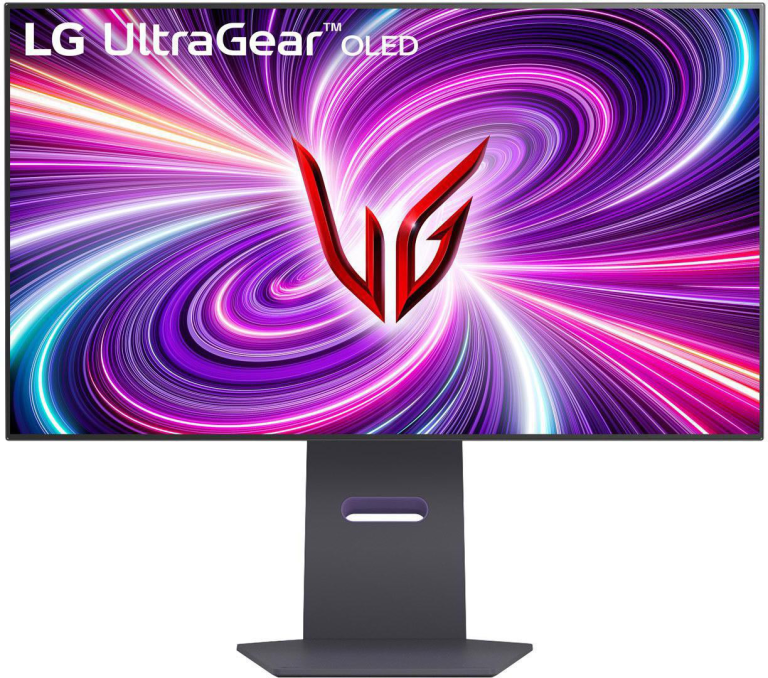 LG UltraGear OLED 32GS95UE-B gaming monitor front three-quarter view