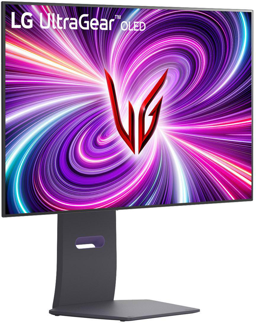 LG UltraGear OLED 32GS95UE-B monitor front view on stand