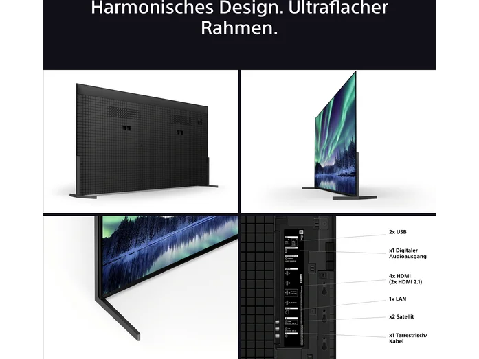 Sony BRAVIA 8 II K-55XR8M2 55-inch QD-OLED TV — Front, rear, side and connection-panel views