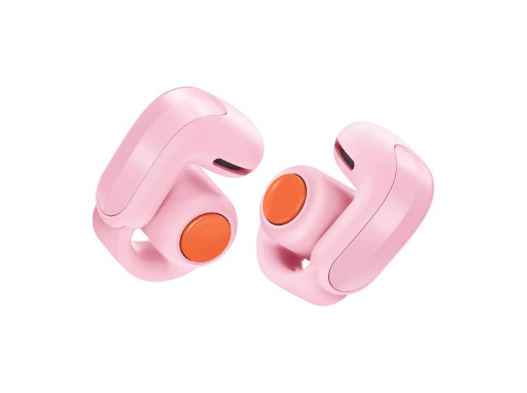 Bose Ultra Open Earbuds (2nd Gen) in Sky Pink — paired three-quarter product view