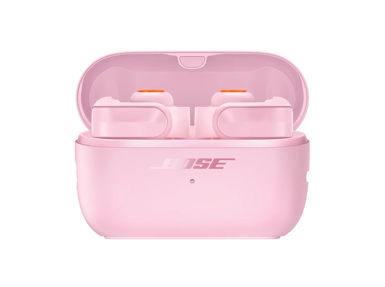 Bose Ultra Open Earbuds (2nd Gen) in Sky Pink — earbuds in the open wireless charging case