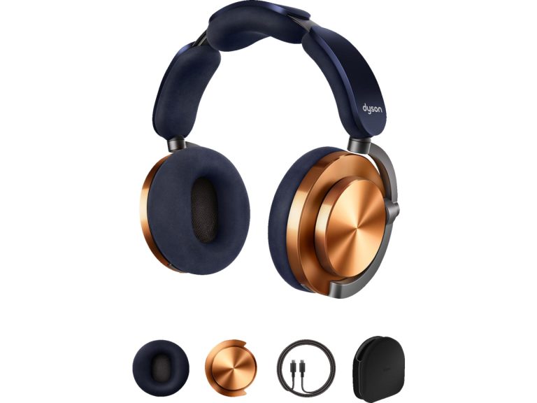Dyson OnTrac headphones in Night Blue and CNC Copper — product and included accessories
