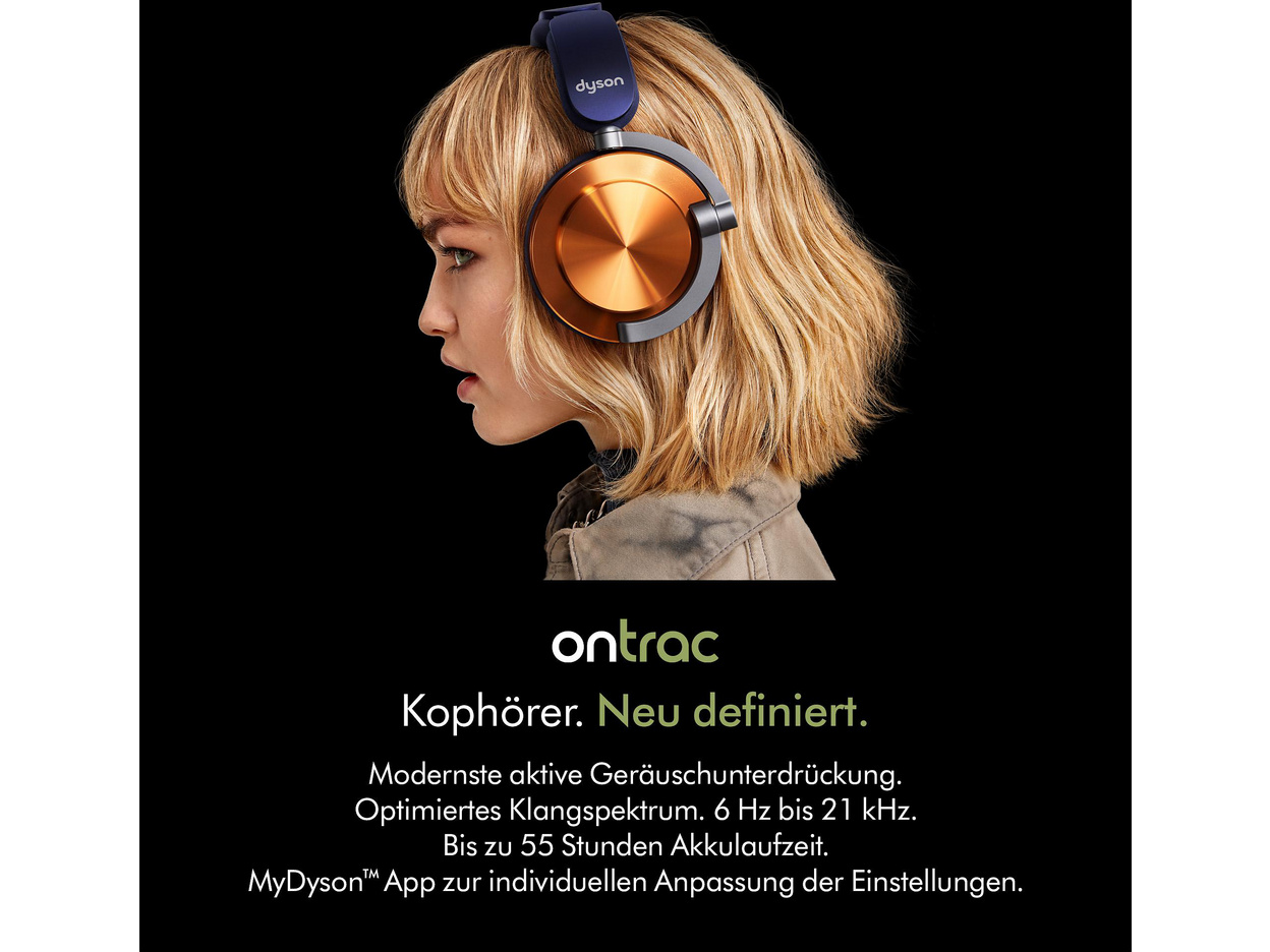 Dyson OnTrac headphones in Night Blue and CNC Copper — side lifestyle view