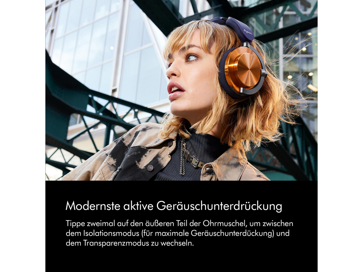Dyson OnTrac headphones in Night Blue and CNC Copper — active noise cancellation lifestyle view