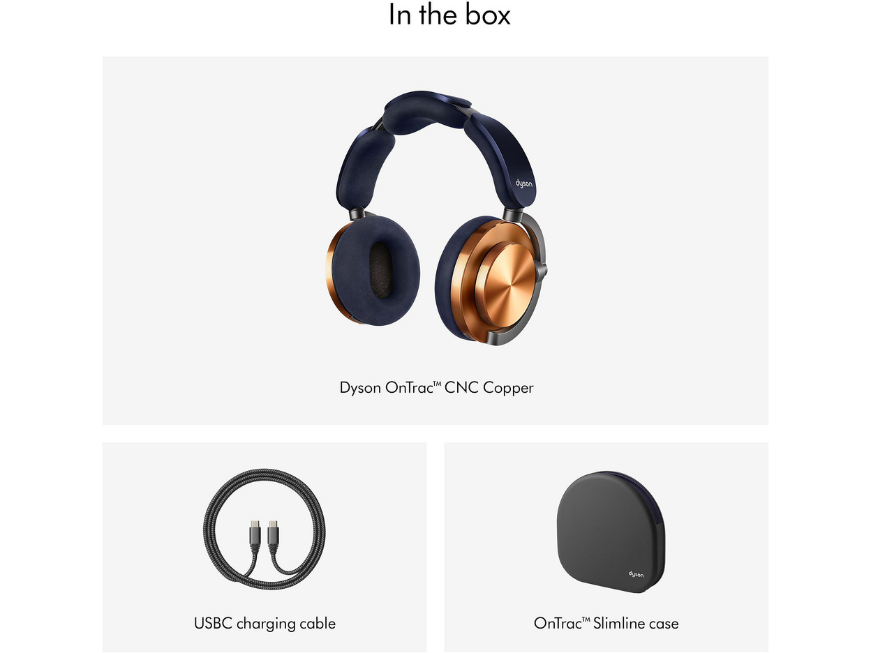 Dyson OnTrac headphones in Night Blue and CNC Copper — box contents with USB-C cable and Slimline case