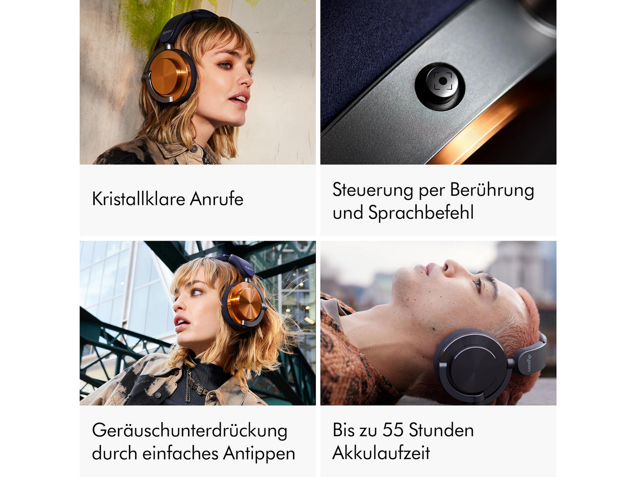 Dyson OnTrac headphones in Night Blue and CNC Copper — controls, calls, ANC and battery feature views