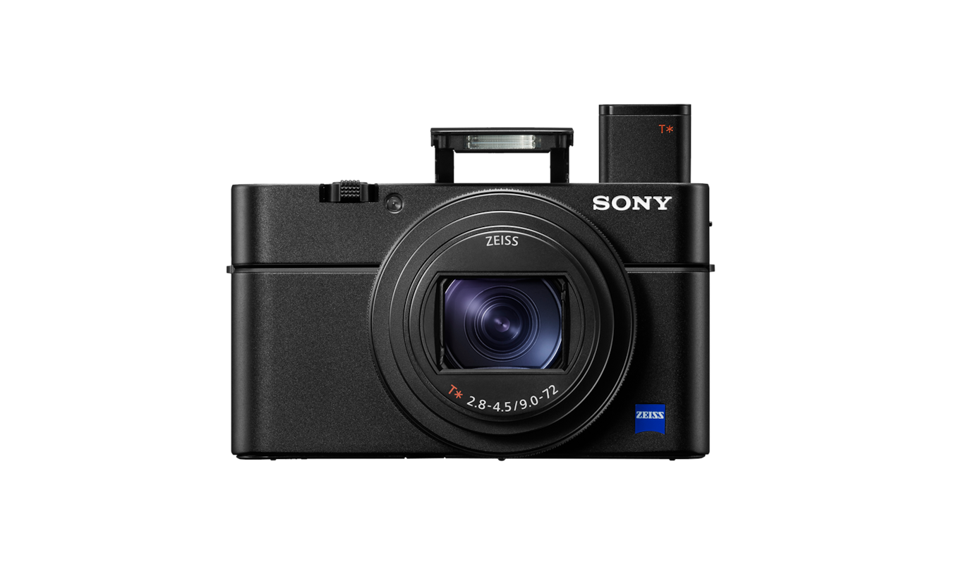 Sony RX100 VII Black front view with pop-up viewfinder raised