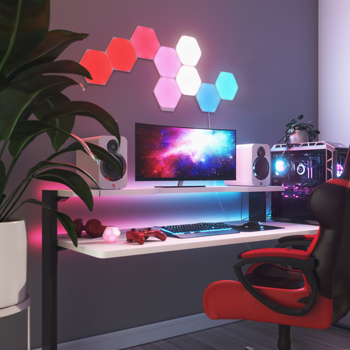 Nanoleaf Shapes White Hexagons nine-panel gaming desk installation
