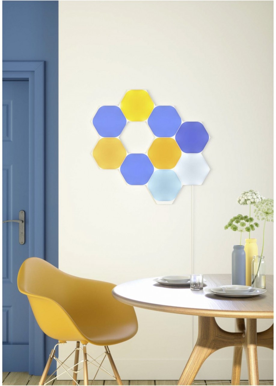 Nanoleaf Shapes White Hexagons nine-panel dining room installation