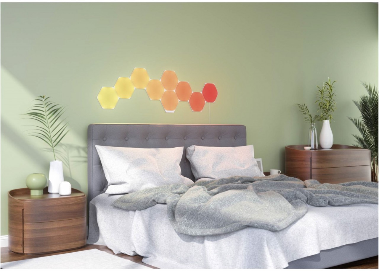 Nanoleaf Shapes White Hexagons nine-panel warm bedroom installation