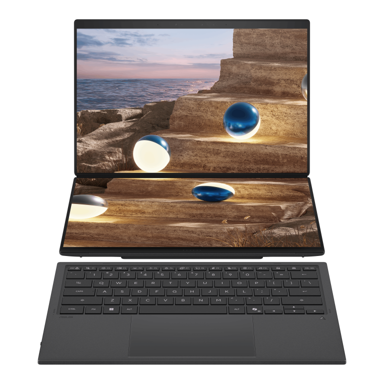 ASUS Zenbook DUO UX8407 Moher Gray, dual-screen mode with keyboard