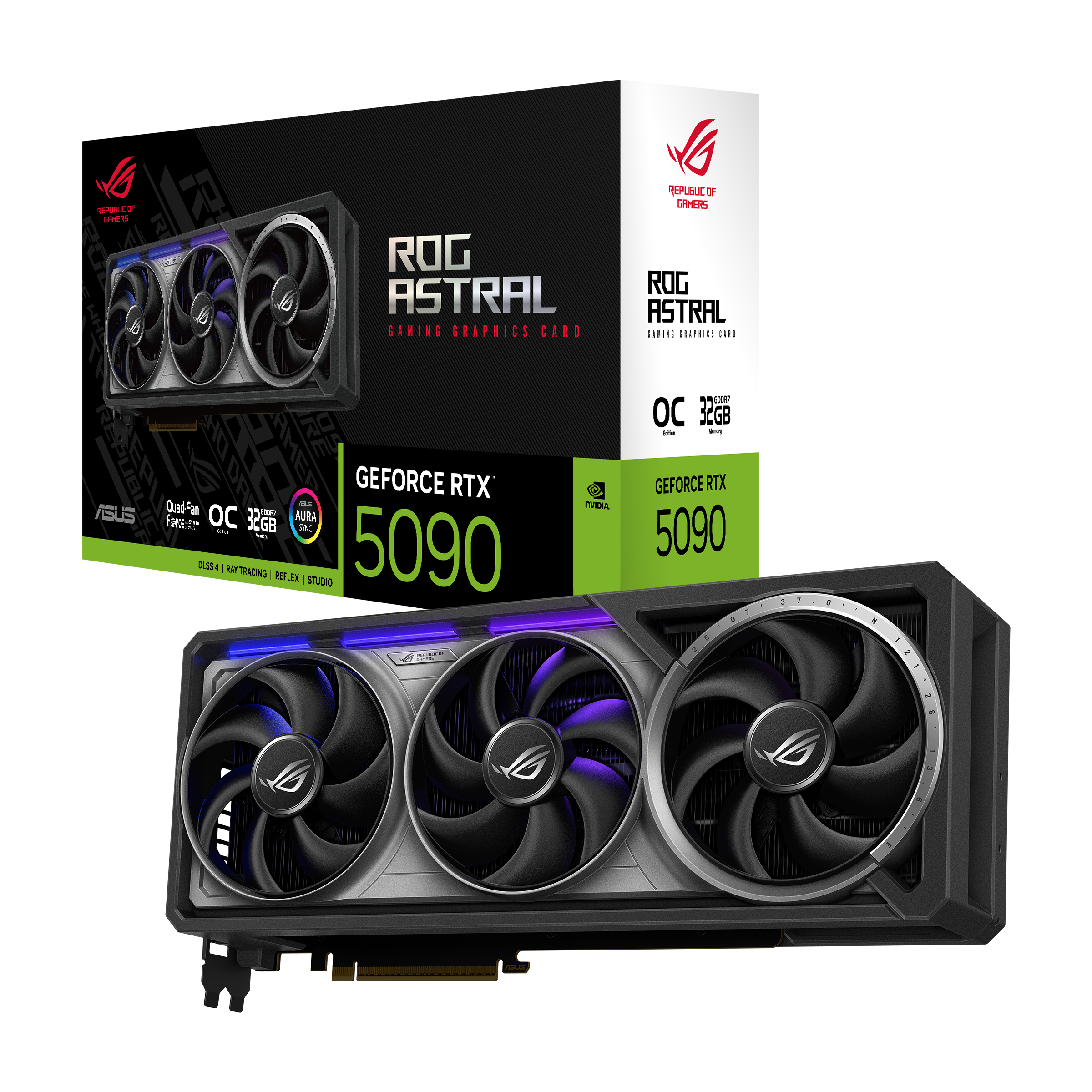 ASUS ROG Astral GeForce RTX 5090 32GB GDDR7 OC Edition — graphics card and retail box