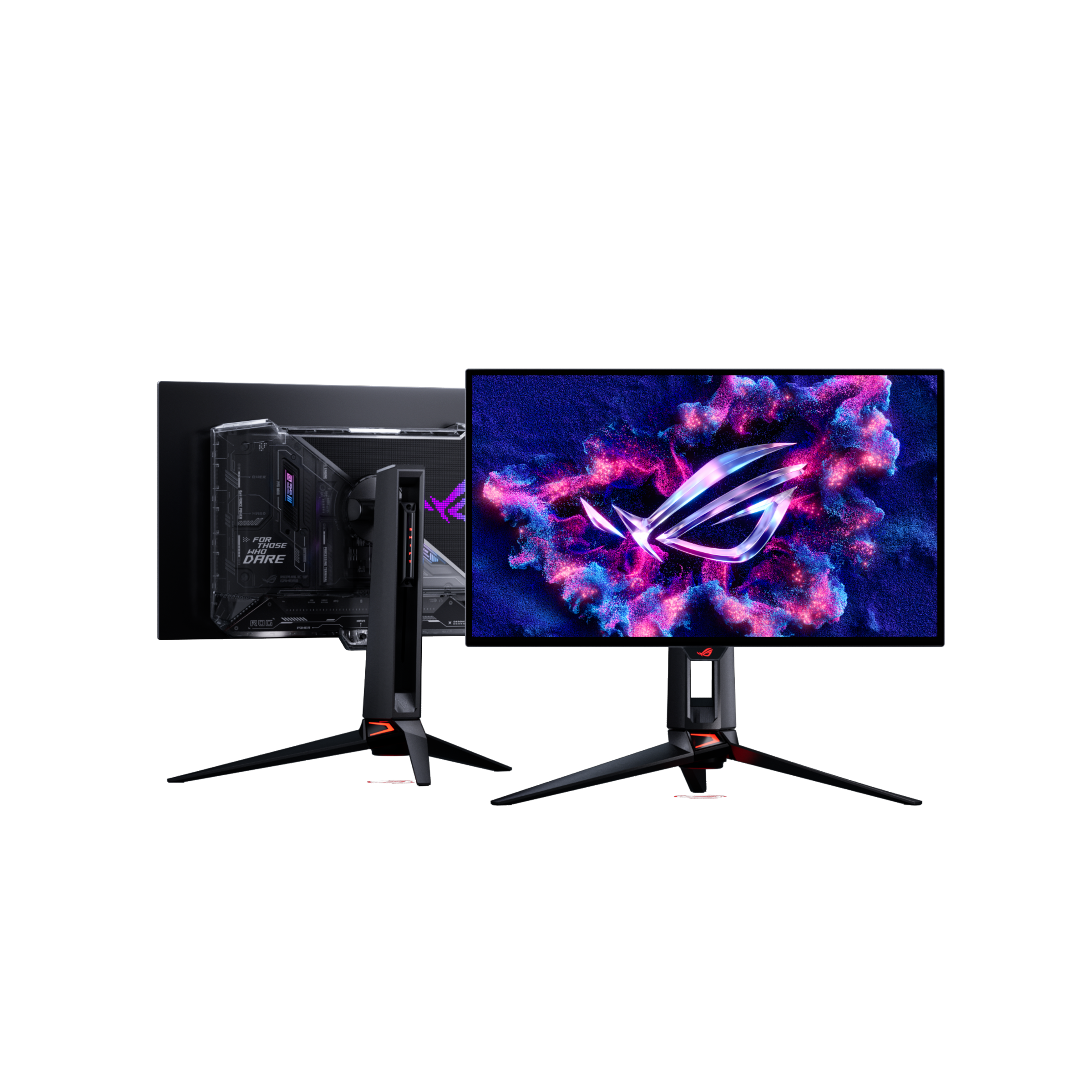 ASUS ROG Swift OLED PG27UCWM Gaming Monitor — front and rear views at alternate angles