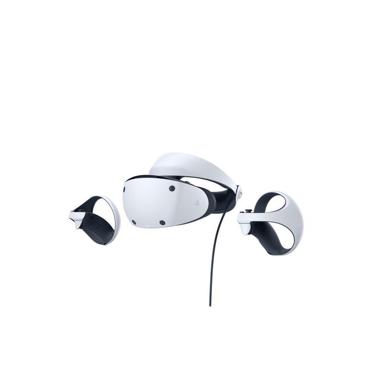 Sony PlayStation VR2 Headset with Sense Controllers — Headset and controllers, angled view