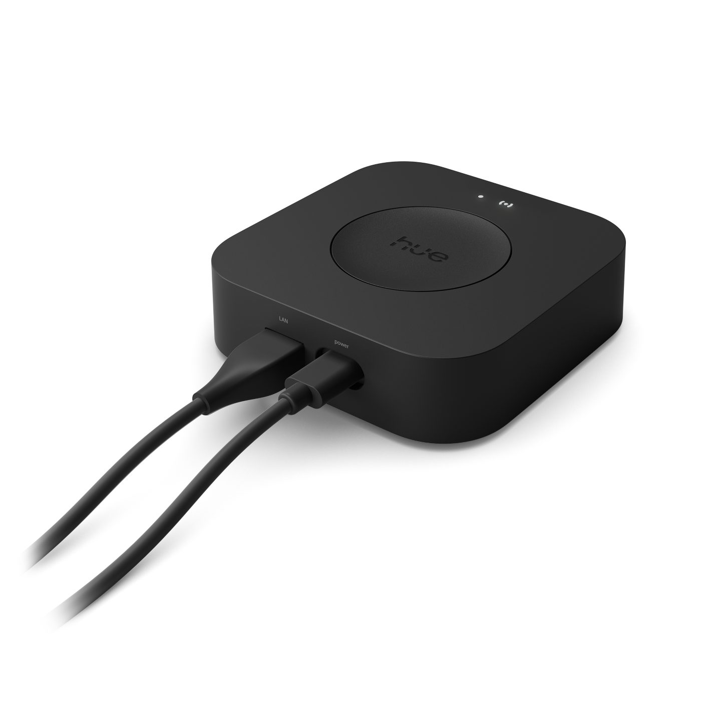 Philips Hue Bridge Pro (Black) — Power and Ethernet cables connected