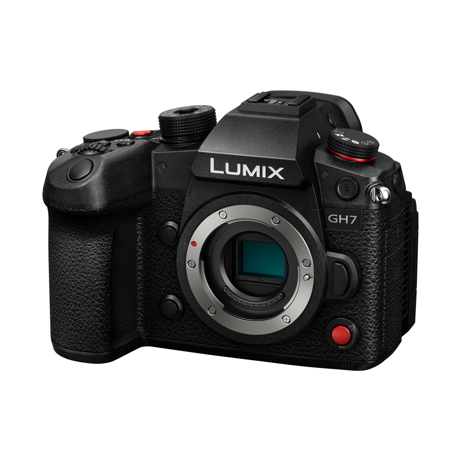 Panasonic LUMIX GH7 Mirrorless Camera (Black, Body Only) — Angled camera body