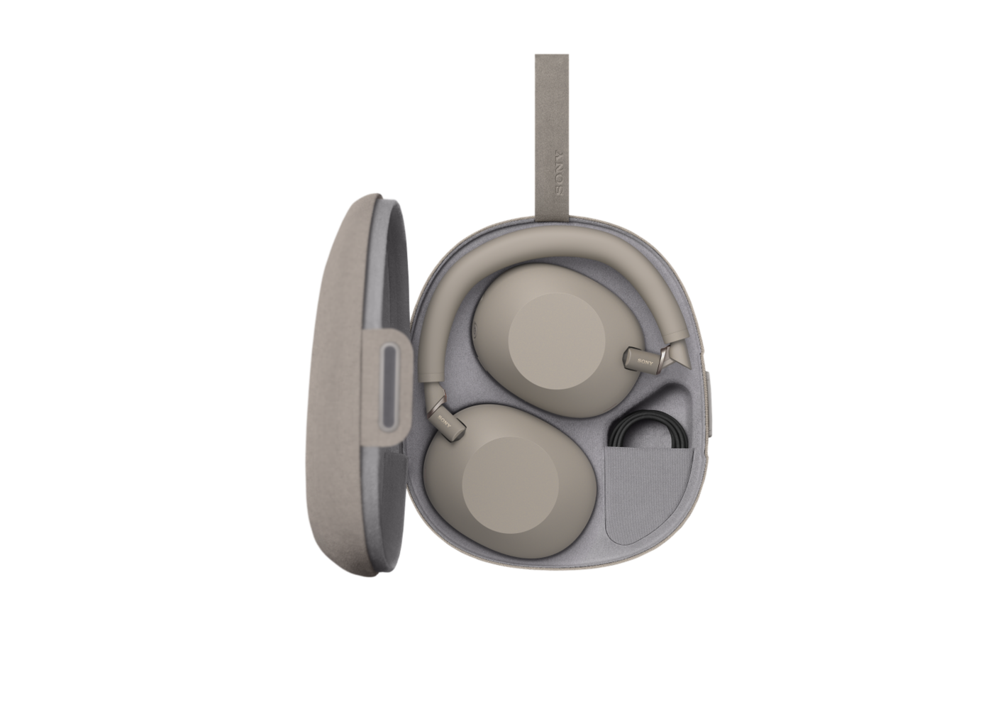 Sony WH-1000XM6 Wireless Noise Cancelling Headphones (Sandstone) — Headphones stored in the carrying case