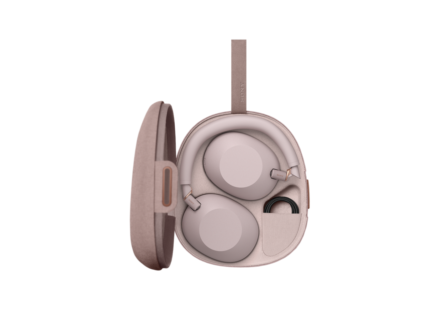 Sony WH-1000XM6 Wireless Noise Cancelling Headphones (Sand Pink) — Headphones stored in the carrying case