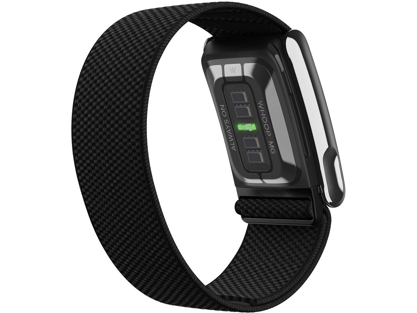 WHOOP MG Life wearable in Obsidian/Titanium, sensor underside view